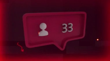 Kırmızı konuşma balonunda ve kırmızı sıkıntılı arka planda insanların dijital simgelerinin canlandırılması. küresel sosyal medya, ağ oluşturma, dijital arayüz ve teknoloji konsepti dijital olarak oluşturulmuş video.