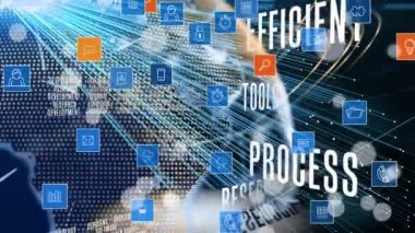 Simgeli ve bağlantı ağlı dünyanın animasyonu. küresel dijital arayüz, teknoloji ve ağ konsepti dijital olarak oluşturulmuş video.