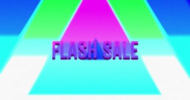 Animation of purple and pink text flash sale with colourful triangles, over green and blue blurs. retail trade sale communication concept, digitally generated video.