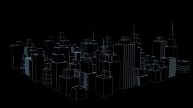 Siyah arka planda dönen 3D şehir manzarası üzerindeki dairelerin animasyonu. küresel iş, dijital arayüz, teknoloji ve ağ konsepti dijital olarak oluşturulmuş video.