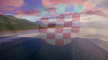 Güneşli sahil kenarında dalgalanan Hırvat bayrağının animasyonu. Vatanseverlik, yaz ve tatil konsepti dijital olarak oluşturulmuş video.
