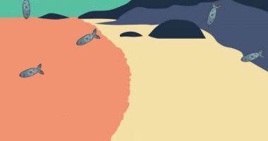 Turuncu ve sarı arka planda yüzen deniz atı ve balıklarının animasyonu. hayvan ve doğa kavramı dijital olarak üretilen video.