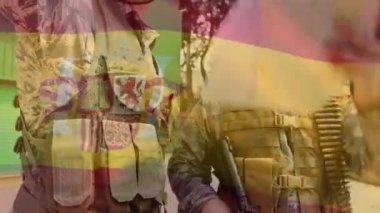 İspanyol bayrağı sallayan askerlerin canlandırması. Vatanseverlik, silahlı kuvvetler ve dijital olarak üretilen koruma konsepti.