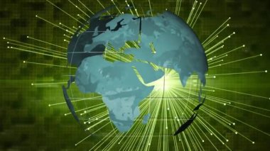 Yeşil ışık ağı üzerinden dünyanın animasyonu bağlanıyor. küresel dijital arayüz, teknoloji ve ağ konsepti dijital olarak oluşturulmuş video.