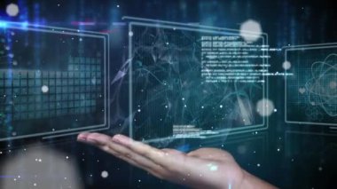 Elle veri işleme üzerinden bağlantı ağının animasyonu. küresel iş, dijital arayüz, teknoloji ve ağ konsepti dijital olarak oluşturulmuş video.