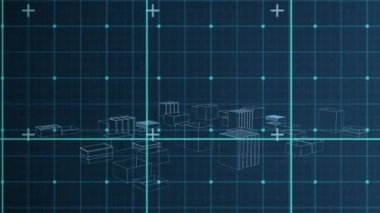 Mavi arkaplandaki şebekeye karşı dönen 3d şehir modelinin dijital animasyonu. mimari mühendislik teknolojisi kavramı