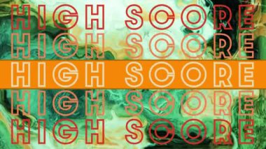 Animation of orange text high score, repeated over swirling green and white background. vintage video game interface communication concept, digitally generated video.