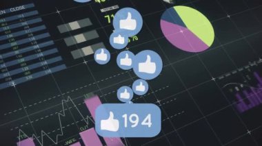 Animation of social media like icons and rising numbers, over data processing on graphs and charts. global finance communication, social media and digital interface concept, digitally generated video.