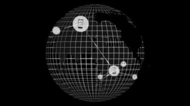 Dünya üzerindeki simgelerle bağlantı ağının animasyonu. küresel dijital arayüz, teknoloji ve ağ konsepti dijital olarak oluşturulmuş video.