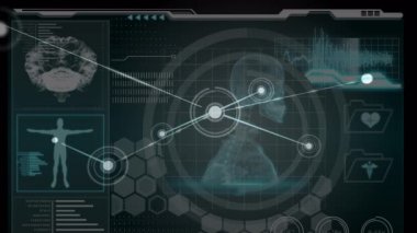 İnsan beyni üzerindeki bağlantı ağının canlandırılması ve ekranda tıbbi veri işleme. küresel bilim, dijital arayüz, teknoloji ve ağ konsepti dijital olarak oluşturulmuş video.