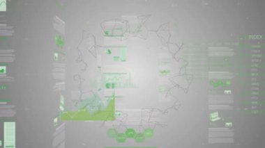 Gri ekranlarda bilgi ve veri işleme ile dönen ağın animasyonu. Küresel iş iletişimi ve dijital arayüz kavramı, dijital olarak üretilen video. ekran