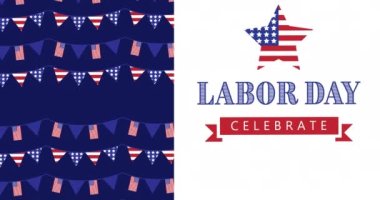 Beyaz üzerine İşçi Bayramı yazılı kırmızı, beyaz ve mavi Amerikan bayrağının animasyonu. Vatanseverlik, bağımsızlık ve kutlama konsepti dijital olarak oluşturulmuş video.