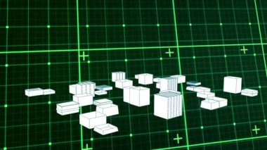 Siyah arkaplanda şebeke ağında dönen 3d şehir modelinin dijital animasyonu. mimari mühendislik teknolojisi kavramı