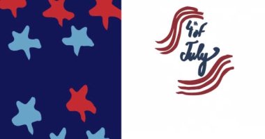 Beyaz üzerine bağımsızlık günü metni olan kırmızı, beyaz ve mavi Amerikan bayrağının animasyonu. Vatanseverlik, bağımsızlık ve kutlama konsepti dijital olarak oluşturulmuş video.