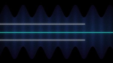 Animation of distorting white and blue horizontal lines over thin blue parallel wavy lines on black. movement, communication and energy concept, digitally generated video.