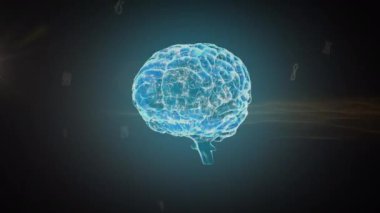 İnsan beyni birden fazla sayıya ve mavi arkaplanda dijital dalgalara karşı dönüyor. tıbbi araştırma ve bilim teknolojisi kavramı