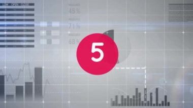 Grafik ve grafiklerdeki veri işleme üzerinden kırmızı daire üzerinde 1 'den 100' e kadar sayının animasyonu. küresel iş iletişimi ve dijital arayüz kavramı, dijital olarak oluşturulmuş video.
