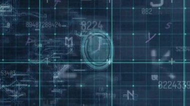 Veri işleme animasyonu ve saat üzerinde hızlı hareket eden harfler. küresel dijital arayüz, teknoloji ve ağ konsepti dijital olarak oluşturulmuş video.