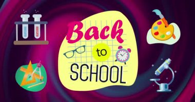 Okula dönen yazının kompozisyonu, okul malzemeleriyle birlikte, kırmızı ve mavi kıvrımlı. okul, eğitim ve öğrenim konsepti dijital olarak oluşturulmuş imaj.