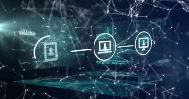 Mavi zemin üzerinde veri işleme ile ekranlar karşı bağlantılar ağı üzerinde dijital simgeler. küresel ağ ve bilgisayar arayüzü teknolojisi kavramı