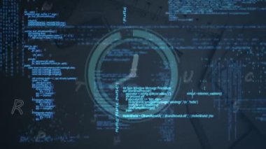 Animation of data processing over clock moving fast. global digital interface, technology and networking concept digitally generated video.