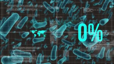 Animation of covid 19 cells and numbers changing over world map. global covid 19 pandemic concept digitally generated video.