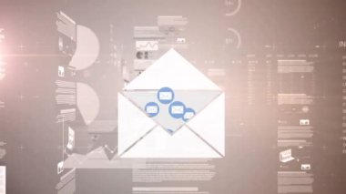 Animation of floating email envelope icons and data processing on interface screens. global communication technology and digital interface concept, digitally generated video.