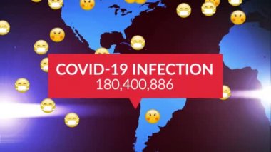 Yüz maskeli birçok hasta emojinin üzerinde covid 19 veri işleme animasyonu. küresel covid 19 salgın konsepti dijital olarak oluşturulmuş video.