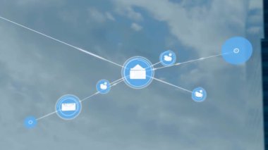 Modern bina üzerindeki simgelerle bağlantı ağının animasyonu. küresel iş, dijital arayüz, teknoloji ve ağ konsepti dijital olarak oluşturulmuş video.