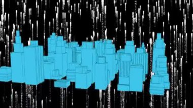 Siyah zemin üzerinde ışık denemeleri yapan 3D şehir manzarasının animasyonu. küresel iş, dijital arayüz, teknoloji ve ağ konsepti dijital olarak oluşturulmuş video.