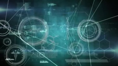 Ekrandaki DNA ipliği ve tıbbi veri işleme üzerinden bağlantı ağının animasyonu. küresel bilim, dijital arayüz, teknoloji ve ağ konsepti dijital olarak oluşturulmuş video.