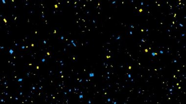 Siyah arka plana düşen sarı ve mavi konfeti animasyonu. kutlama ve parti konsepti dijital olarak oluşturulmuş video.