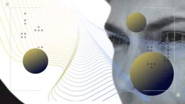 Renkli soyut şekiller, beyaz arka plandaki kadına karşı. bilgisayar arayüzü ve teknoloji kavramı