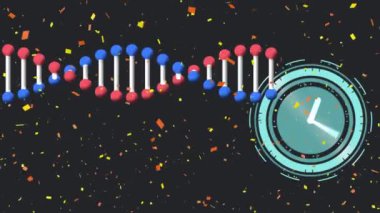 Siyah arka planda DNA ipliği ve saati olan konfeti animasyonu. parti ve kutlama konsepti dijital olarak oluşturulmuş video.