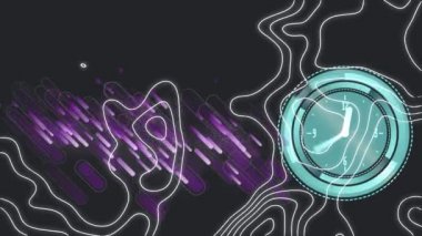 Çizgileri ve mor ışık yolları olan konfeti animasyonu ve siyah arkaplan üzerindeki saat. parti ve kutlama konsepti dijital olarak oluşturulmuş video.