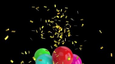Yüzen altın balonların yükselişi ve siyah zemine düşen altın konfetilerin animasyonu. pozitif duygular, kutlama ve refah konsepti, dijital olarak oluşturulmuş video.