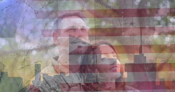 Animación Soldado Con Esposa Sobre Bandera Americana Patriotismo Fuerzas Armadas — Vídeo de stock