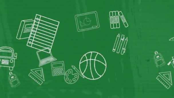 Animation School Items Icons Distressed Green Background School Education Concept — Stock Video