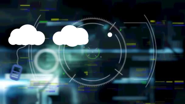 黒の背景にスコープ上の雲やデジタルアイコンのアニメーション 世界的なデジタルインターフェース技術とネットワーキングの概念デジタル生成されたビデオ — ストック動画