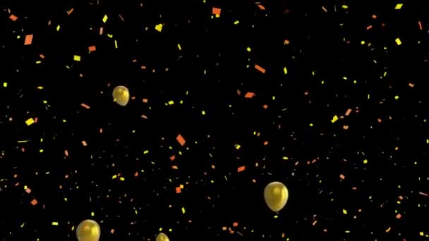 Animacja Pływających Złotych Balonów Wznoszących Się Konfetti Spadających Czarne Tło — Wideo stockowe
