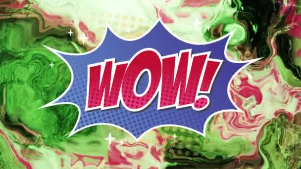 Animation Text Wow Blue Explosion Swirling Green Pink Celebration Fun — Stock videók