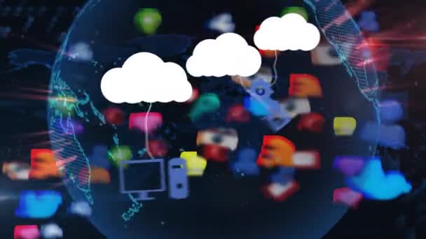 Siyah Zemin Üzerinde Bulutların Dijital Simgelerin Canlandırılması Küresel Dijital Arayüz — Stok video