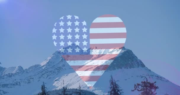 Animation American Flag Heart Stunning Mountain Landscape Patriotism Independence Armed — Stock Video