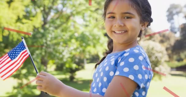 Animation Smiling Girl Holding American Flag Patriotism Independence Celebration Concept — Stock Video