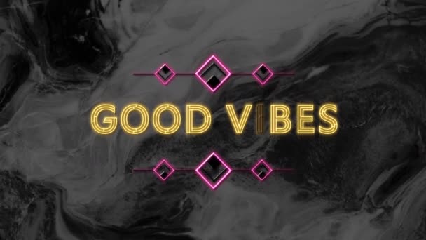 Animation Von Text Good Vibes Gelbem Neon Über Schwarzem Strudel — Stockvideo