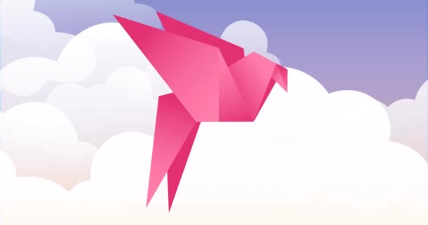 青空を背景にピンク色の鳥が雲の上を飛んでいるアニメーション 動物と自然の概念をデジタルで生成し — ストック動画