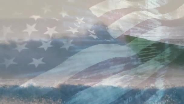 Animation Flag America Waving Sun Waves Breaking Sea Patriotism Holidays — Stok video