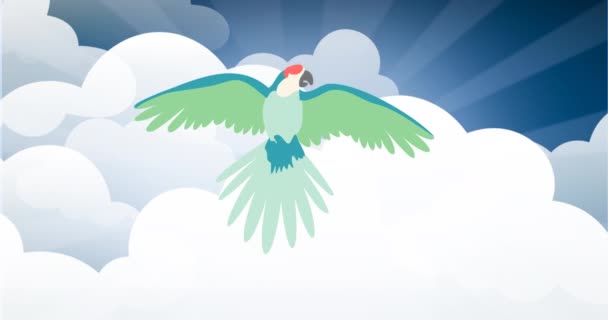 Animación Pájaro Verde Volando Sobre Nubes Cielo Azul Fondo Concepto — Vídeos de Stock