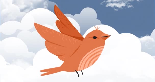 Animación Pájaro Naranja Volando Sobre Nubes Cielo Azul Fondo Concepto — Vídeo de stock