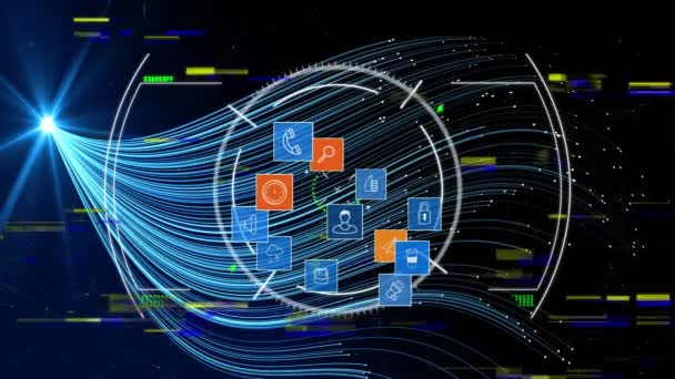 Animazione Del Globo Con Icone Rete Connessioni Sfondo Blu Interfaccia — Video Stock